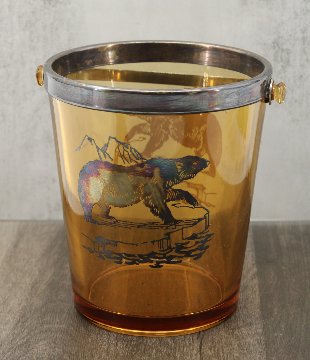 Amber Glass, Silver Overlay Ice Bucket