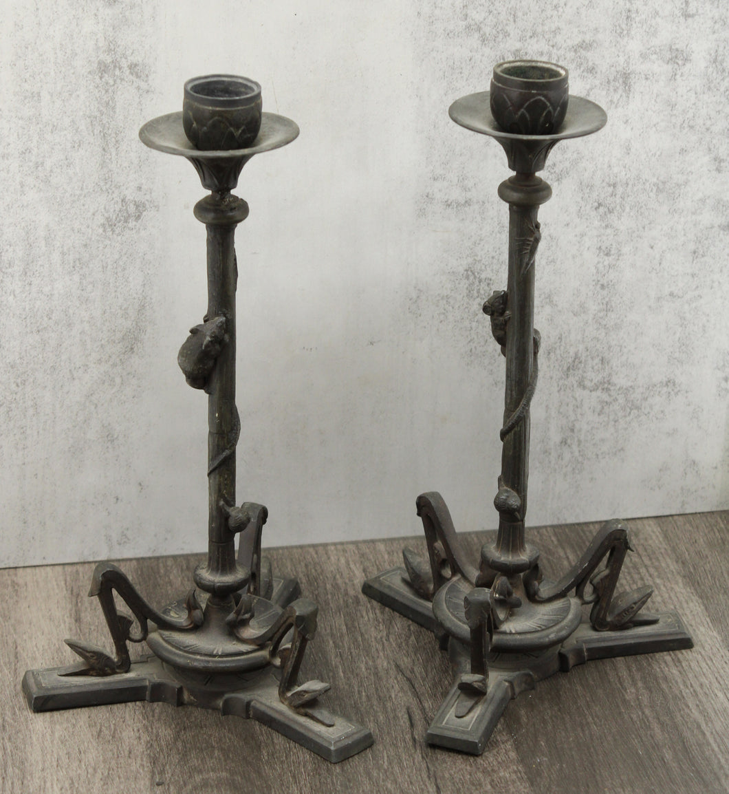 Cast Iron Mouse and Snake Candlesticks